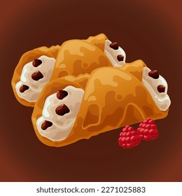 Sicilian cannolo. Tubes with a delicate creamy filling. Italian traditional sweets. Bright vector illustration with food for the menu of restaurants, cafes, bakeries.