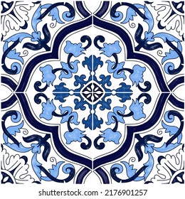 Sicilian ceramic style tile, featuring blue decorative flourishes with floral elements.