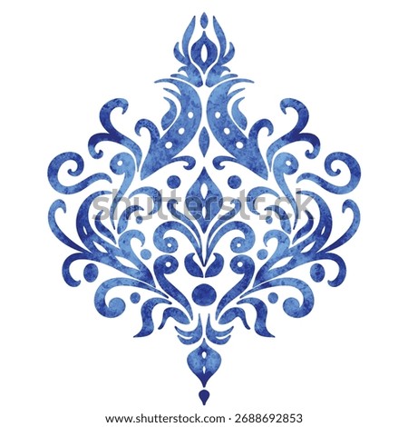 Sicilian ceramic style tile, featuring blue decorative flourishes with floral elements.  Seamless vintage ornamental watercolor paint pattern for fabric and ceramic tile. Indigo Portuguese abstract