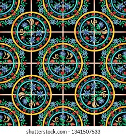 Sicilian check seamless pattern with flowers. Vector floral patch for embroidery and print design.