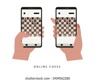 Sicilian defense flat vector illustration. Checkmate with chess pieces. Online game or tournament on smartphone. Hands holding phones with chess application. Isolated design elements for website.