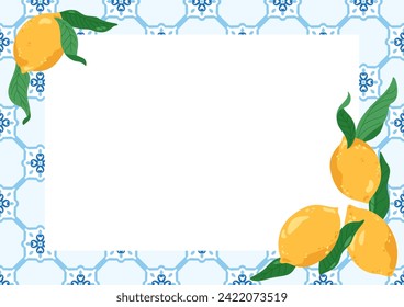 Limones sicilianos sobre manteles con un patrón de mayólica. Marco de Azulejo con espacio de copia, mosaico español, fondo portugués, plantilla de banner en blanco. Ilustración vectorial de verano con frutos jugosos.