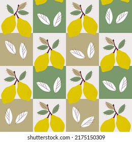 Sicilian lemons seamless pattern of citrus in squares, culinary fabric print. Refreshing fruit, vector illustration for background, wrapping paper and kitchen. Healthy food, vitamin c. Surface design