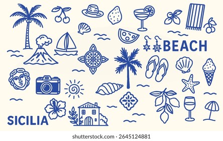 sicilian line art illustrations – mediterranean travel icons and food sketches