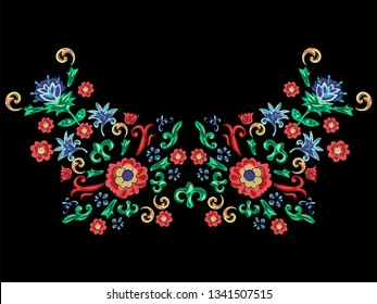 Sicilian neckline pattern with flowers. Vector floral patch for embroidery and print.