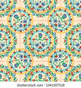 Sicilian seamless pattern with flowers. Vector floral patch for embroidery and print design.