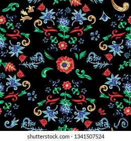 Sicilian seamless pattern with flowers. Vector floral patch for embroidery and print.