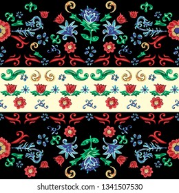 Sicilian striped seamless pattern with flowers. Vector floral patch for embroidery and print.