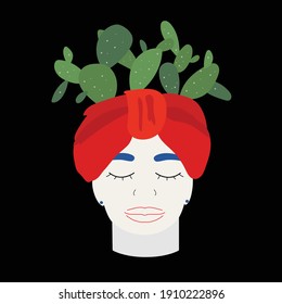 Sicilian traditional vase. Woman head, pot with cacti. Sicilian ceramic. Print design, poster, postcard, banner, souvenir