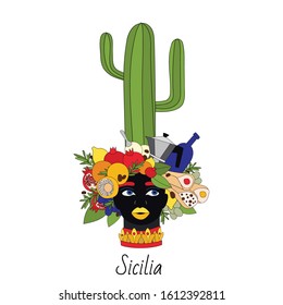 Sicilian vase with moor head, arancini, cannolo, coffee, lemons and cacti. Sicily style. Vector illustration of sicilian symbol, souvenir. Postcard, print design