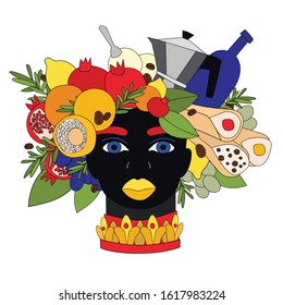 Sicilian vase with moor head, arancini, cannolo, coffee, lemons and cacti. Sicily style. Vector illustration of sicilian symbol, souvenir. Postcard, print design