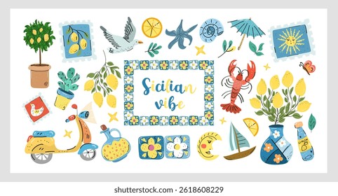 Sicilian Vibe Set a vibrant hand-drawn vector collection with lemons, tiles, seafood, sun, scooter, and coastal summer elements inspired by Sicily, perfect for packaging and travel design.