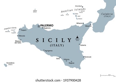 Sicily, autonomous region of Italy, gray political map, with capital Palermo, Aeolian and Aegadian Islands, volcano Etna and important cities. Largest island in Mediterranean Sea. Illustration. Vector