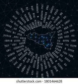 Sicily digital map. Binary rays radiating around glowing island. Internet connections and data exchange design. Vector illustration.