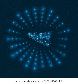 Mapa digital de Sicilia. Rayos brillantes irradiando desde la isla. Conexiones de red y diseño de telecomunicaciones. Ilustración vectorial.