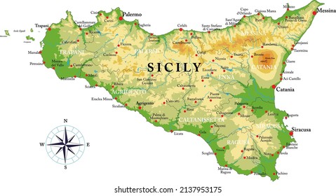 Sicily highly detailed physical map