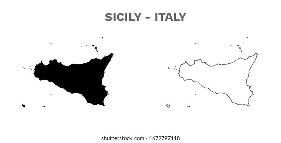 Sicily Island Map - Blank Map of Sicily Italy Black Silhouette and Outline Isolated on  White