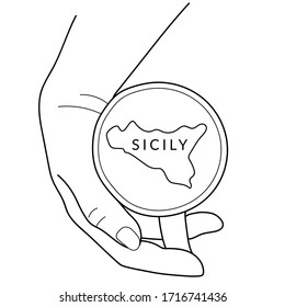 Sicily, Italia. Sicilian espresso. Hand is holding cup of coffee with map of island Sicily. 
