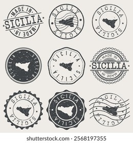 Sicily, Italy Set of Stamps. Country Travel Marks. Made In Product. Design Seals Old Style Insignia.