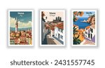 Sicily, Italy. Siena, Italy. Viseu, Portugal - Set of 3 Vintage Travel Posters. Vector illustration. High Quality Prints