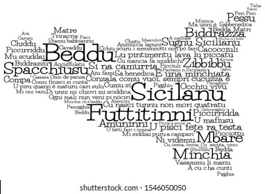 Sicily map made from Sicilian slang words in vector format. Beddu translates to beautiful, Futtitinni translates to No Worries. M'bare translates to Friend.