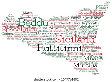 Sicily map made from Sicilian slang words in vector format. Beddu translates to beautiful, Futtitinni translates to No Worries. M'bare translates to Friend.