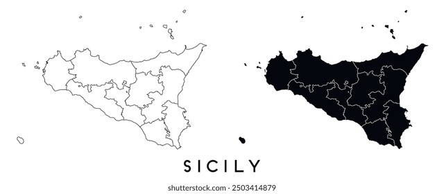 Sicily map of regions districts vector black on white and outline