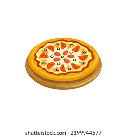 Sicily pizza isolated Italy cuisine food. Vector Sicilian pizza, sfincione or focaccia with toppings ketchup, tomato slices and black olives. Italian baked food with cheese and vegetables on board