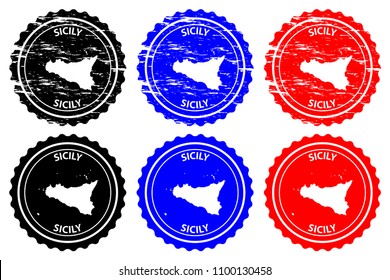 Sicily - rubber stamp - vector, Sicily map pattern - sticker - black, blue and red