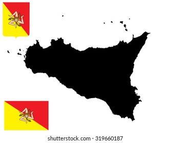 Sicily vector map isolated on white background. High detailed silhouette illustration. Flag of Sicily vector. Heraldic Sicily, seal, emblem. Original Sicily coat of arms.
