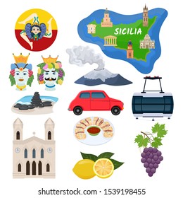 Sicily vector Sicilian island map with cathedral architecture art culture and traditional Italian food illustration tourism. Set of icons etna volcano ceramic souvenir isolated on white background.