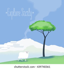 Sicily view vector illustration, design element with Etna volcano, sheep, tree. Italy nonstandard image with Sicily landscape