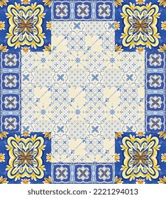 Sicily yellow, blue Italian motif design, tiles illustration frame. Watercolor, Mediterranean, Hand, Drawn, Tiles, Frame