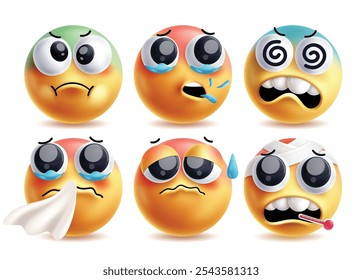 Conjunto de caracteres de vetor emoji 3d enfermos. Emojis de doença como gripe, tosse, tontura, espirros, mal-estar e febre expressões faciais clip art elementos de design de personagens. Emoji doente de ilustração vetorial 