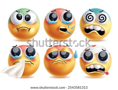 Sick 3d emoji vector characters set. Illness emojis like flu, cough, dizziness, sneezing, unwell and fever facial expressions clip art character design elements. Vector illustration sick emoji 