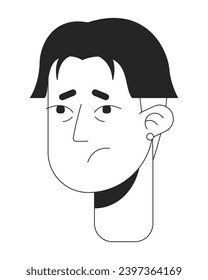 Sick adult asian man with bags under eyes black and white 2D vector avatar illustration. Worried uneasy korean male outline cartoon character face isolated. Young adult flu flat user profile image