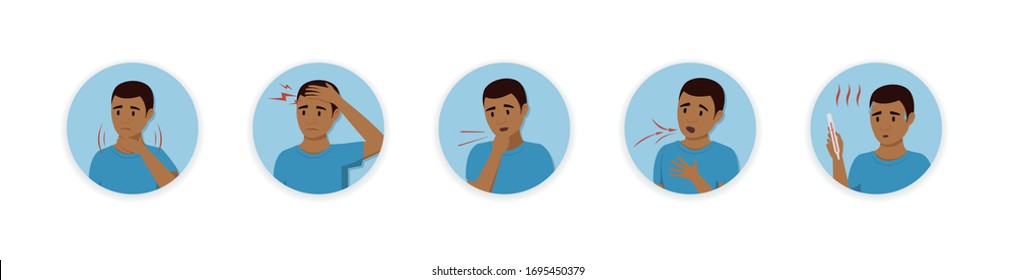 Sick African American man exhibits disease symptoms: sore throat, headache, cough, shortness of breath, high fever. Coronavirus, flu symptoms for infographic. Disease manifestations. Set of isolated i