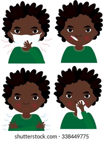 Sick african boy with flu mask, thermometer and handkerchief. Vector cartoon illustration