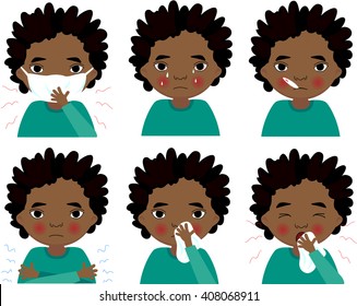 Sick african boy with flu mask, thermometer and handkerchief. Cartoon illustration