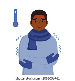 Sick African man wearing scarf suffering from flu in flat design. Black guy has fever symptom. Cold or influenza disease concept. Season allergy.