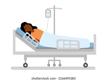 A Sick African Woman Is In Medical Bed On A Drip. Black Patient Is In Hospital Concept Vector Illustration On White Background.