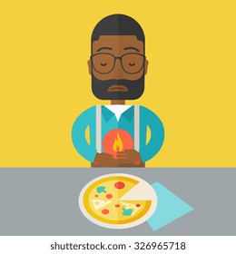 A sick african-american man with heartburn due to pizza holding hands on his stomach vector flat design illustration. Square layout.