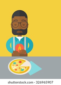 A sick african-american man with heartburn due to pizza holding hands on his stomach vector flat design illustration. Vertical layout with a text space.