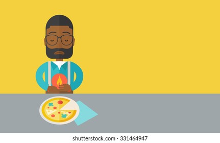 A sick african-american man with heartburn due to pizza holding hands on his stomach vector flat design illustration. Horizontal layout with a text space.