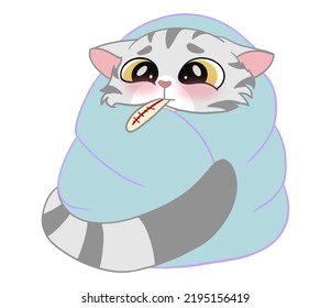 The sick American cat is covered by a big blanket and there is a thermometer in the mouth. Doodle and cartoon art.