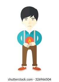 A sick asian man with heartburn holding hands on his stomach vector flat design illustration isolated on white background. Vertical poster layout.