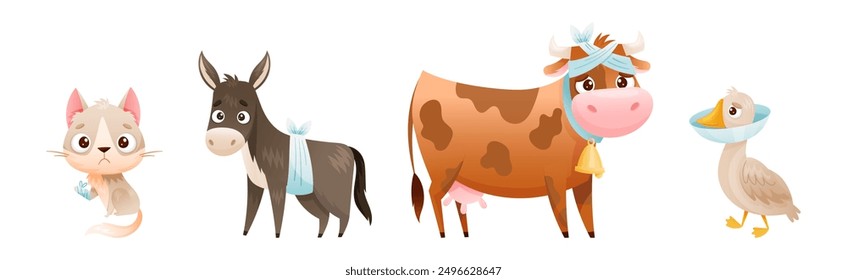 Sick Baby Animal with Bandage Injury Vector Set