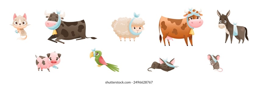 Sick Baby Animal with Bandage Injury Vector Set