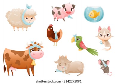 Sick Baby Animals Set. Sad Bandaged Cow, Goatling, Hen, Glass, Parrot, Fish Cartoon Vector Illustration