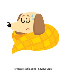 Sick baby badger dog having flu, fever, sleeping under blanket, cartoon vector illustration isolated on white background. Sick little dog having flue, cold, fever, lying under blanket with closed eyes